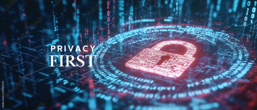 Poster privacy first: glowing padlock icon on futuristic circuit board with data streams concept of cyberse