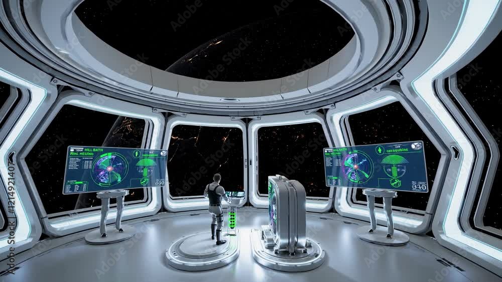 Poster futuristic space control room displays advanced technology and views of distant galaxies