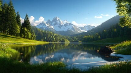 Fototapeta premium Serene Mountain Landscape with Clear Lake and Lush Greenery