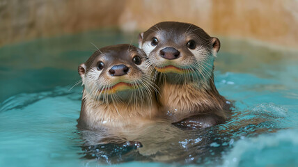 Fototapeta premium Close-up of two playful otters swimming together in crystal-clear water, looking curious and cheerful in their natural habitat.