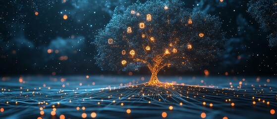 Naklejka premium Social communication and personal data concept with a digital linen tree, branches adorned with user symbols, 3D rendering on an abstract dark background