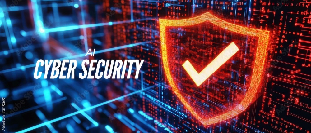 Poster ai cyber security: glowing red shield with checkmark on futuristic digital background concept of dat