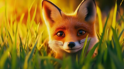 Obraz premium A playful fox peeking through vibrant green grass during a golden sunset in a serene landscape