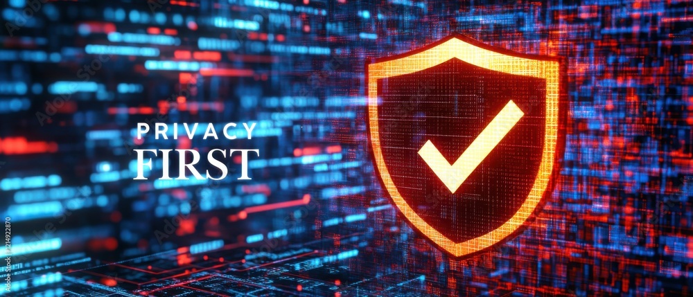 Poster privacy first: glowing security shield with checkmark on futuristic digital background concept of cy