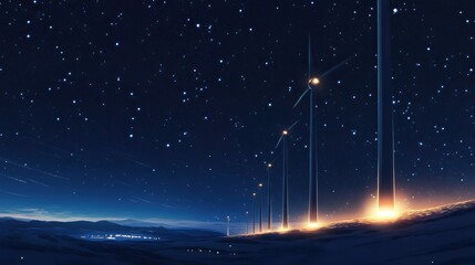 Glowing wind turbines under starry night sky highlight renewable energy and environmental conservation concepts