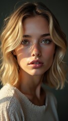Naklejka premium Close-up portrait of a young, light-skinned woman with shoulder-length blonde hair