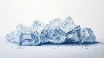 Glacial Ice Cubes Piled on White Surface with Water Reflections