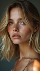 Naklejka premium Close-up portrait of a young, light-skinned woman with shoulder-length blonde hair