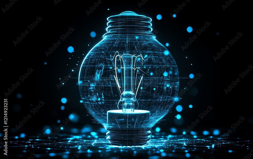 Poster big idea concept with digital light bulb and bomb effect visualization, surrounded by blue dots on a