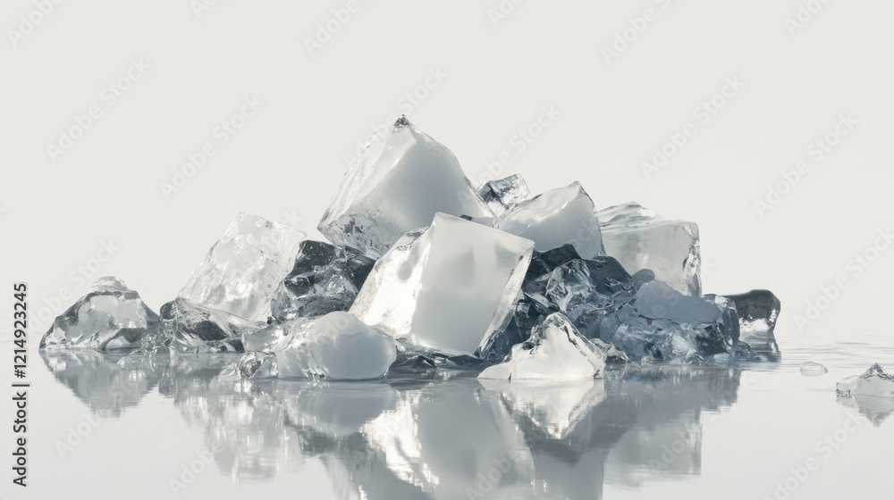 Poster ice cubes and chunks piled on reflective surface with soft light