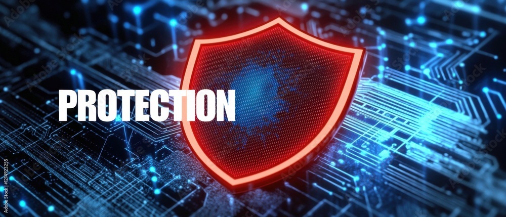 Poster data protection and cybersecurity concept: red shield icon on futuristic circuit board background pr