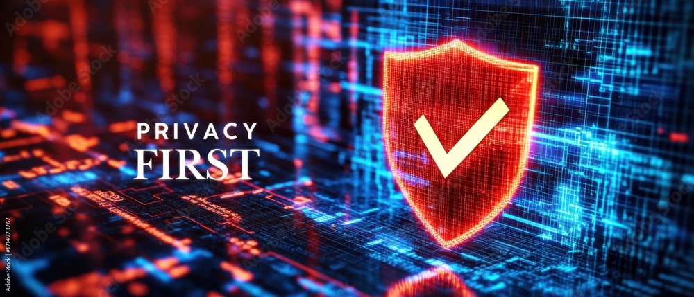 Poster privacy first: red security shield with checkmark on futuristic digital background concept of cybers