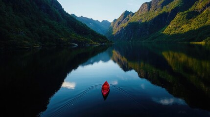 Tranquil Red Kayak on Serene Lake Surrounded by Green Mountains