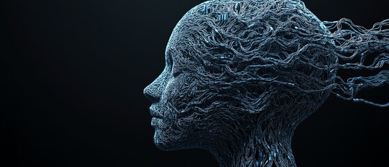 Anxiety and power concept with abstract head and brain outline made from USB cables, set on a wide black background, 3D rendering with mockup place