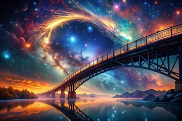 Obraz premium Ethereal Space Bridge: Low-Light 3D Render of a Fantasy Bridge Across a Nebula