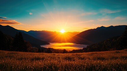 Obraz premium Breathtaking Sunrise Over Mountains and Misty Valley Landscape