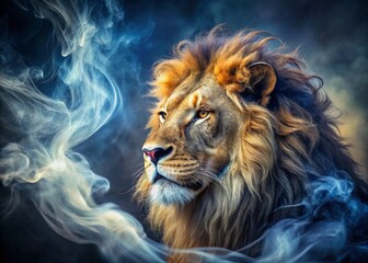 Fototapeta premium Ethereal Smoke Lion: Close-Up Candid Photo of a Floating, Head-Bowed Majestic Beast