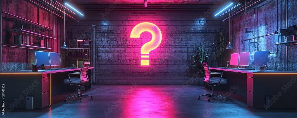 Poster business workspace with question mark holograms displayed in a hightech environment, representing cu