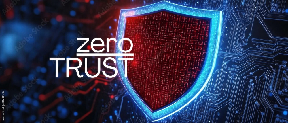 Poster zero trust cybersecurity concept: glowing digital shield on circuit board background data protection