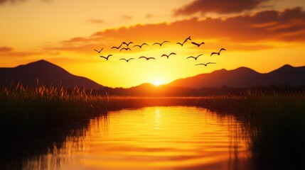 Fototapeta premium Serene Sunset Over Water with Flying Birds and Majestic Mountains