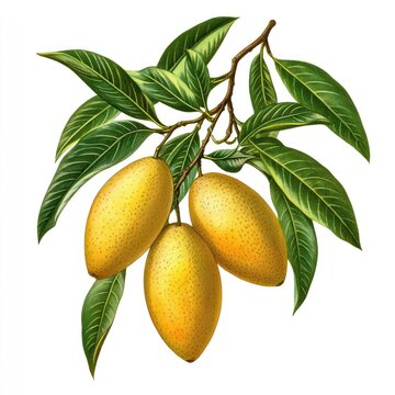 Ripe mangoes on branch, botanical illustration, white background, food design