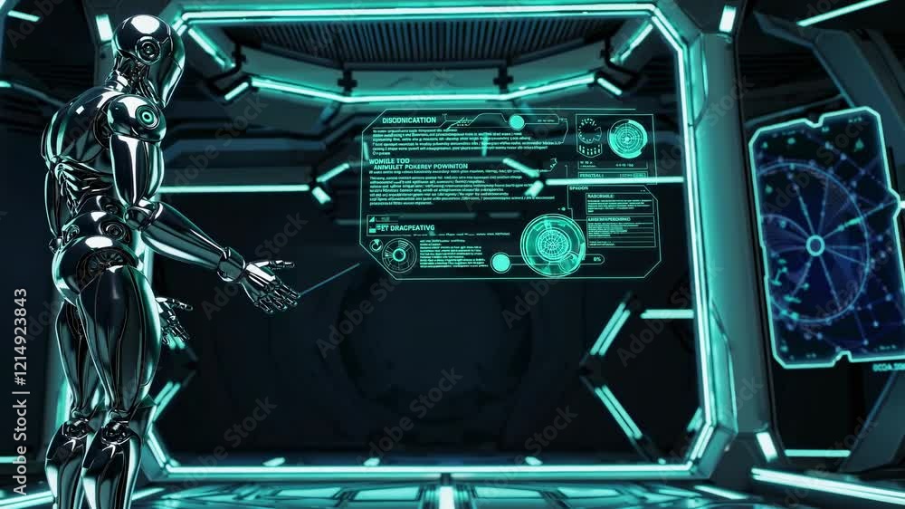 Poster advanced robotics in a futuristic lab showcasing ai interaction and digital interfaces