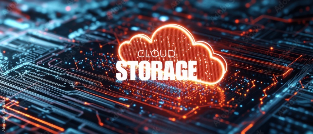 Poster cloud storage concept glowing cloud icon above futuristic circuit board with data transfer technolog