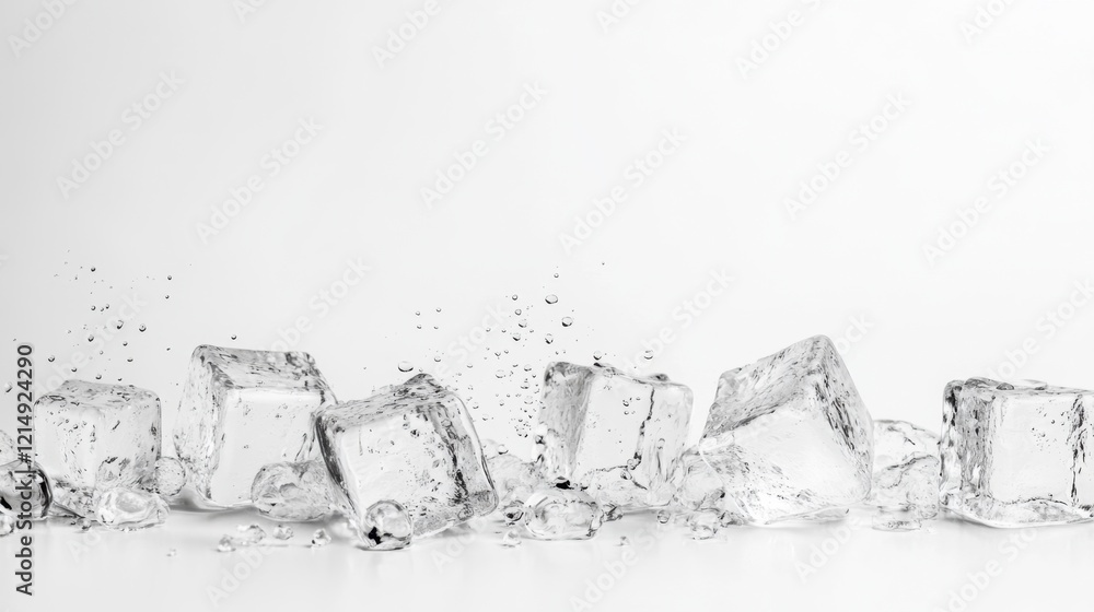 Poster sparkling ice cubes splashing on a bright background