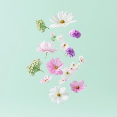 Fototapeta premium Pastel green backdrop levitating colorful flowers. Pink white, purple summer blooms float in surreal display. Floral design perfect for springtime summer. Visual appeal for wallpaper abstract design.