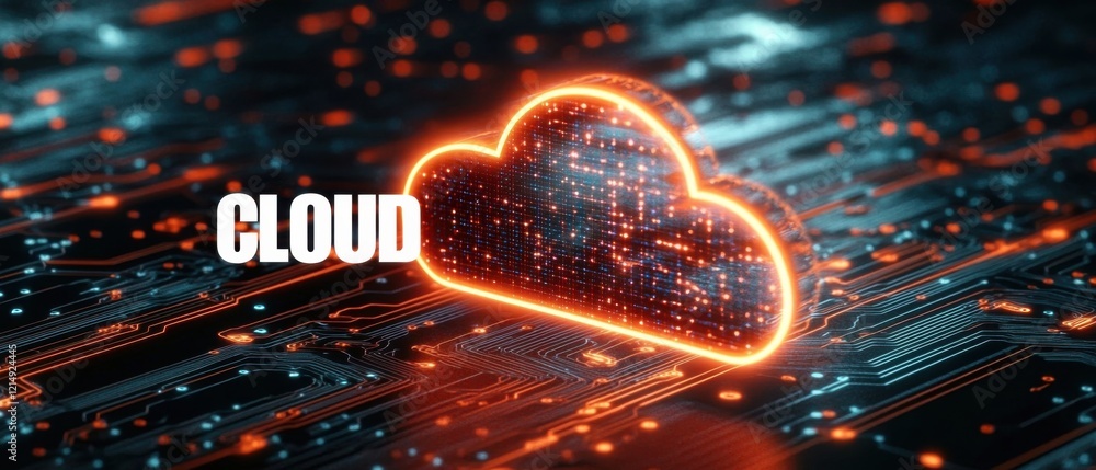 Aufkleber cloud computing concept: glowing cloud icon above a futuristic circuit board data storage, network t