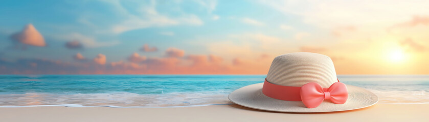 Obraz premium stylish beach hat with pink bow rests on sandy shore, capturing essence of serene sunset by ocean