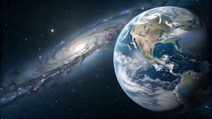 Obraz premium Panoramic view of the Earth, stars and galaxy. Planet Earth, view from space. Planet earth globe view from space showing realistic earth surface and world map as in outer space point of view .