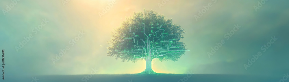 Aufkleber digital tree with circuit patterns, glowing in misty atmosphere
