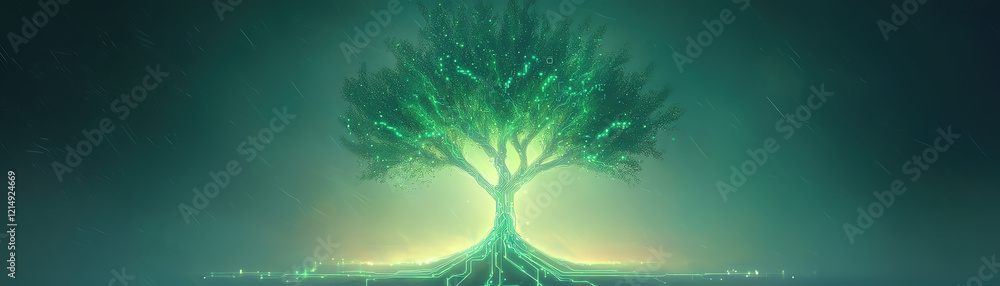 Aufkleber bold abstract depiction of digital tree with glowing roots and branches