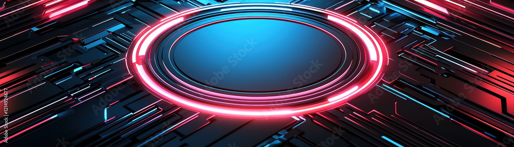 Poster futuristic neon circuit design with glowing elements and dark background