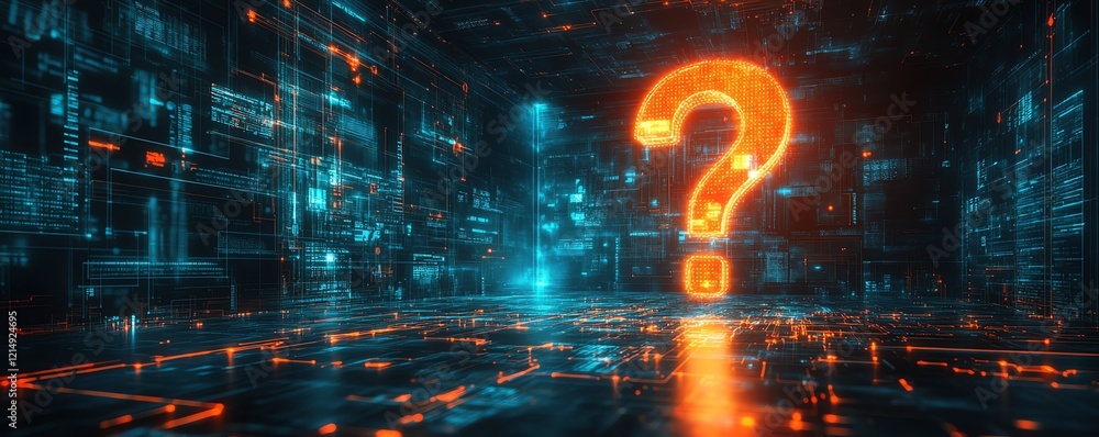 Poster futuristic business workspace with question mark holograms overlaying a technology background, repre