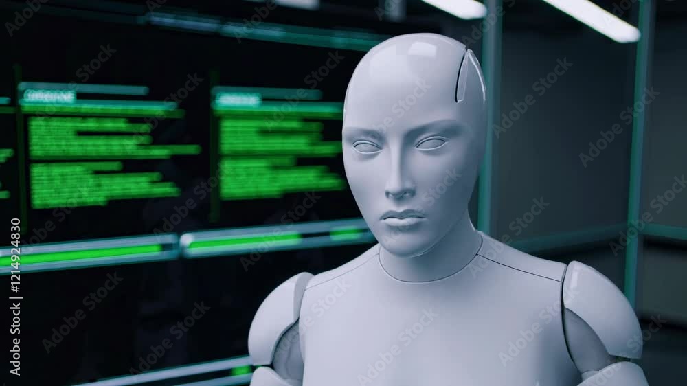 Poster robots interact with advanced technology in a modern research facility setting. futuristic ai bot
