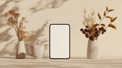 Beige background features blank screen mobile phone. Minimalist style design with cup of coffee, dried flowers in vases. Presentation photo ideal for tech brand marketing, app promotion, mobile