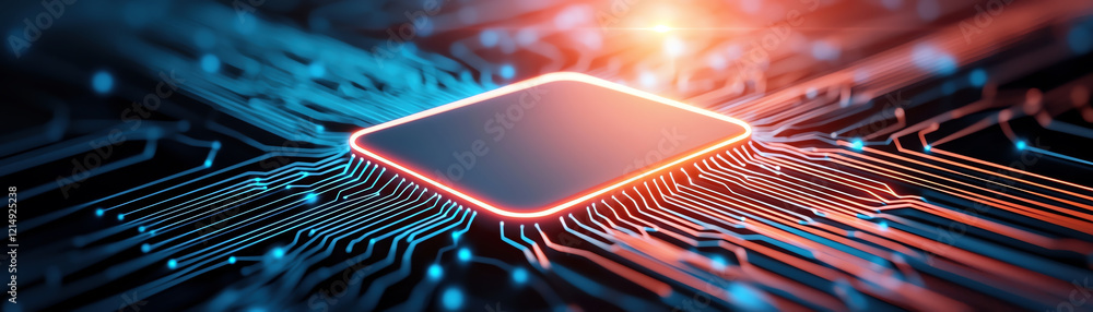 Poster digital circuit board with glowing microchip and connections