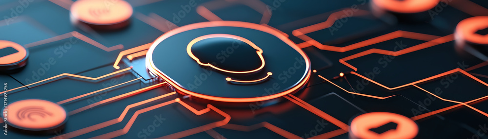 Poster digital circuit design with glowing elements and abstract patterns