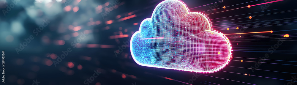 Poster glowing cloud technology with vibrant grid patterns and dynamic lines