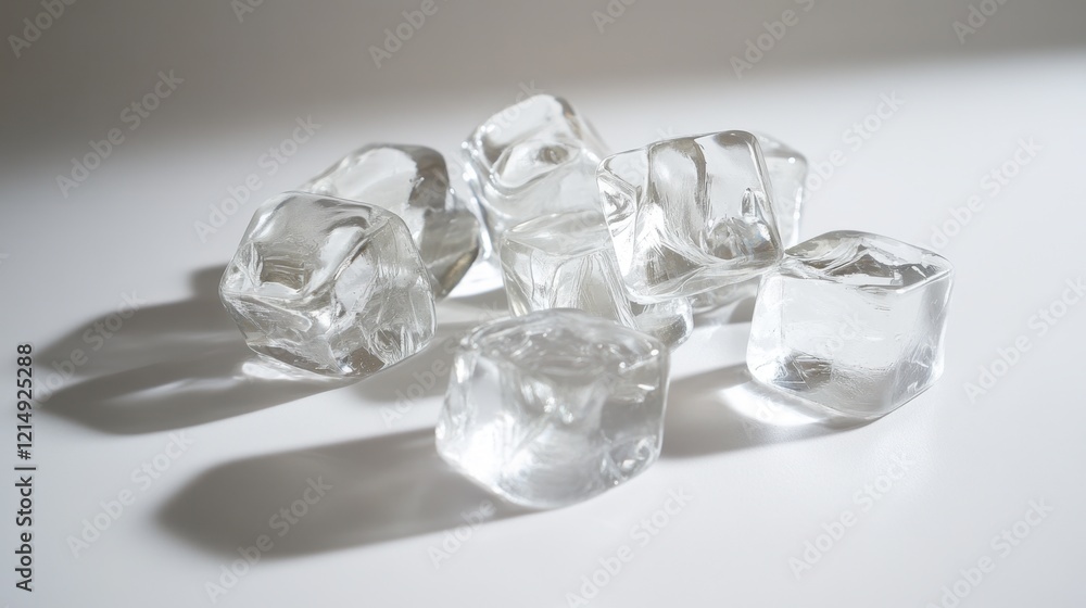 Poster clear ice cubes on white surface with soft shadow display
