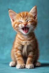Obraz premium Adorable orange tabby kitten with striking stripes and expressive face, playfully yawning and showcasing its tiny teeth against a vibrant turquoise background