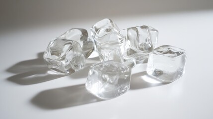 Clear Ice Cubes on White Surface with Soft Shadow Display