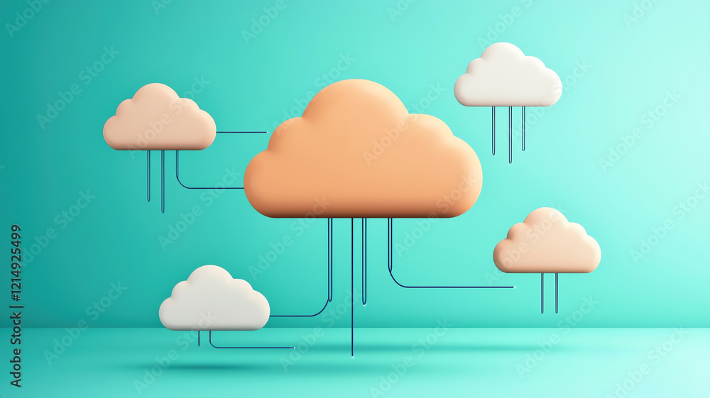 Poster digital connectivity with floating cloud hubs and technology elements