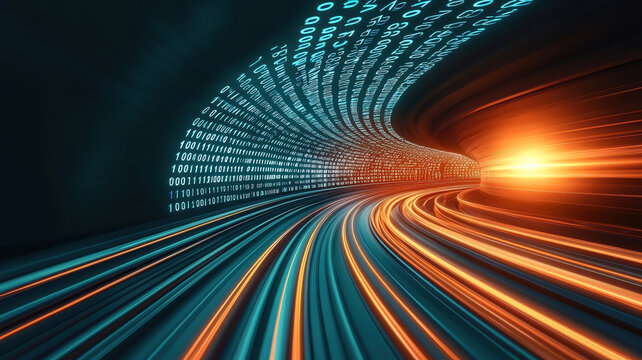 Digital tunnel with flowing binary patterns and glowing light