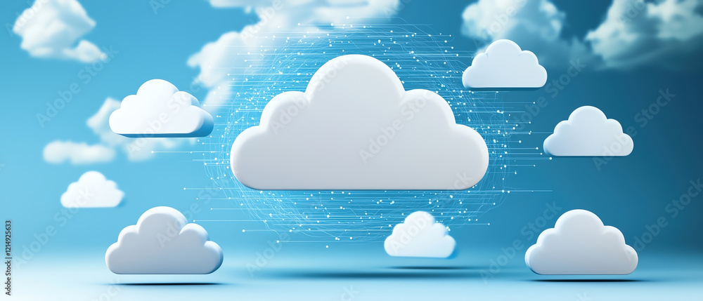 Poster digital cloud icons floating in blue sky with data streams