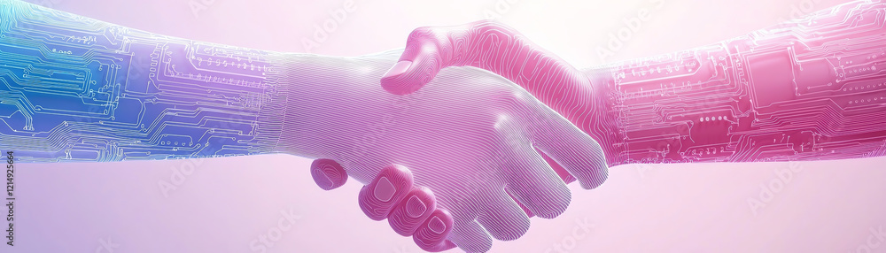Poster digital handshake symbolizing technology and connection, surrounded by circuits