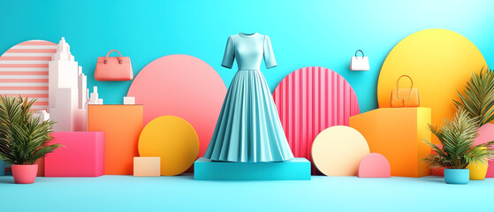 vibrant display featuring blue dress pedestal, surrounded by colorful geometric shapes, bags, and plants, creating lively