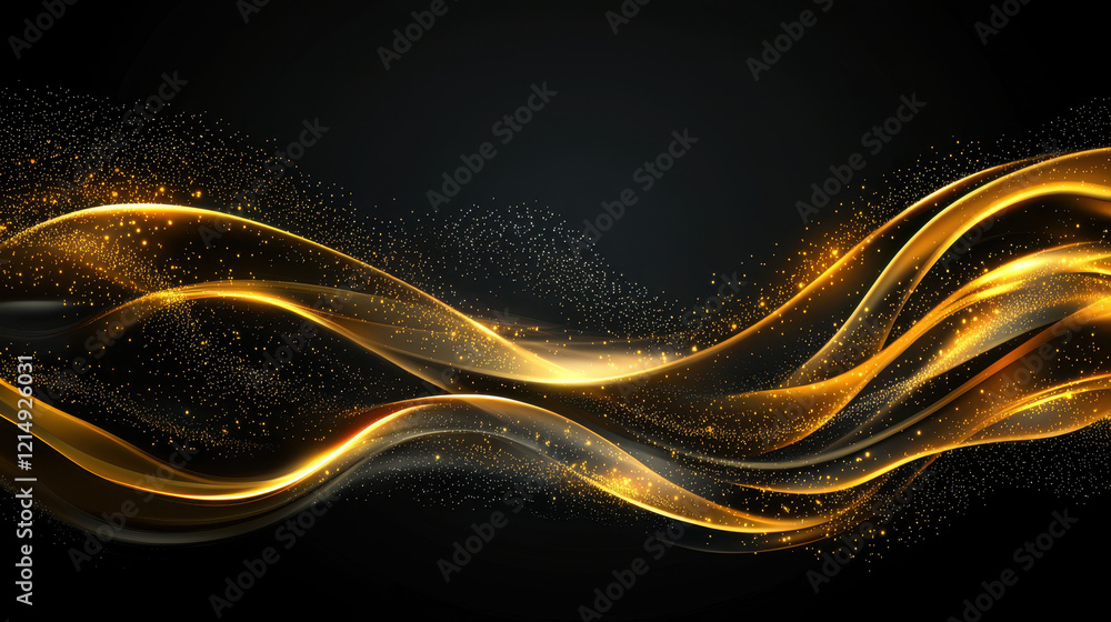 Poster shiny gold waves with sparkling particles on dark background create festive atmosphere
